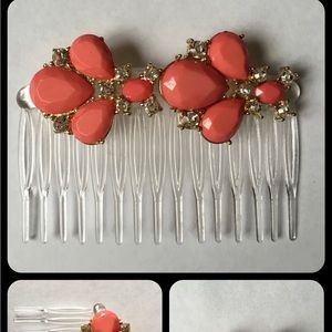 Handmade CORAL & CLEAR Stones JEWELED, UNIQUE, 3" CLEAR STATEMENT HAIR COMB